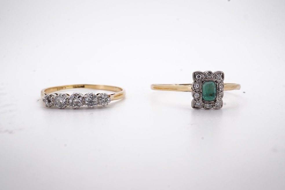 An 18ct and plat. five stone diamond set half hoop ring, size V together with a yellow metal emerald and diamond set tablet ring, size Z+++, gross weight 4.5 grams. Condition - fair